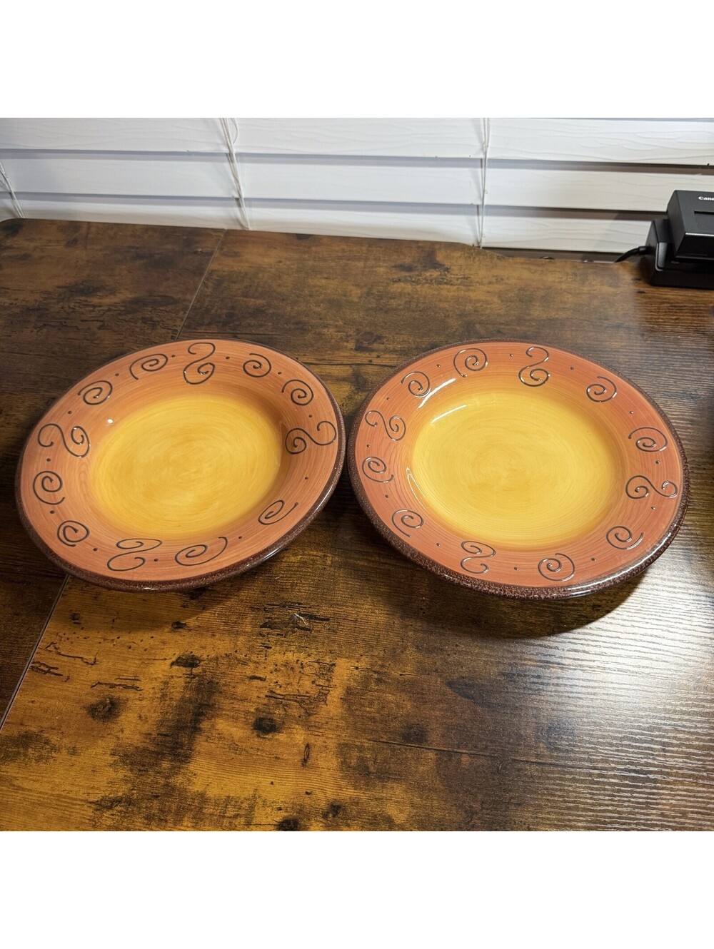 Tabletops Unlimited Ambrosia 11” Orange Dinner Plates Set of 2 Raised Scrolls